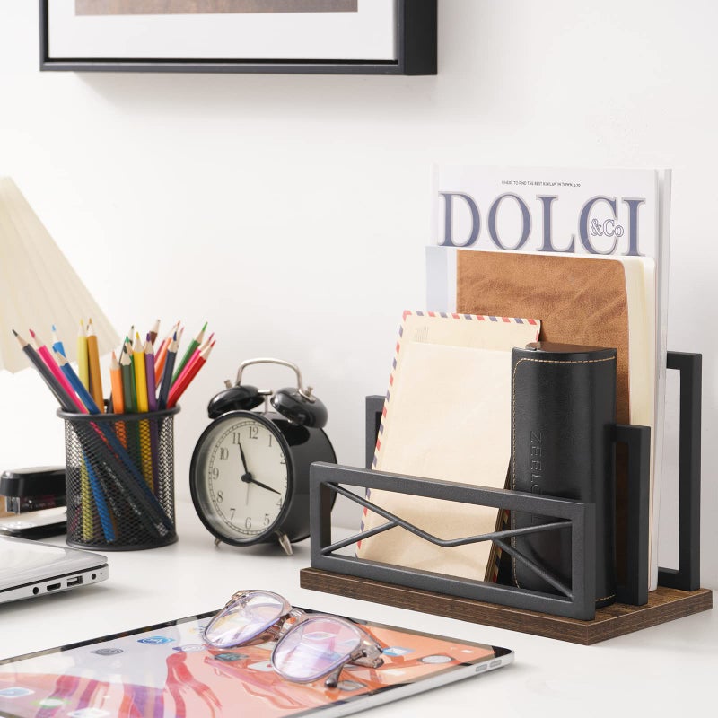 Snughome Desktop Mail Organizer  Desk Mail Organizer with 2-Slot Matte Black Metal Desktop Mail Sorter  Metal Storage File Holder Letter Sorter Organizer for Home or Office Desktop  Rustic Brown - Image 3